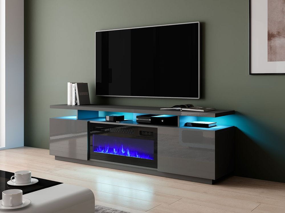 Veneti Televízny stolík s krbom a LED osvetlením SALTA - grafitový / lesklý grafitový / čierny